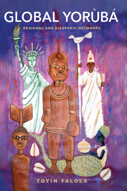 Artistic rendering of five figures: the statue of liberty, two african style carvings, a mermaid, and a black priest in a white robe with a staff