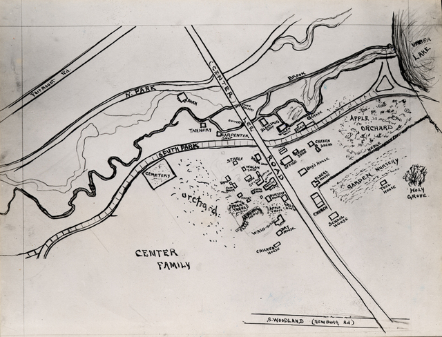 Scan of hand-drawn map of Center Family site by Louis Baus. Date unknown.